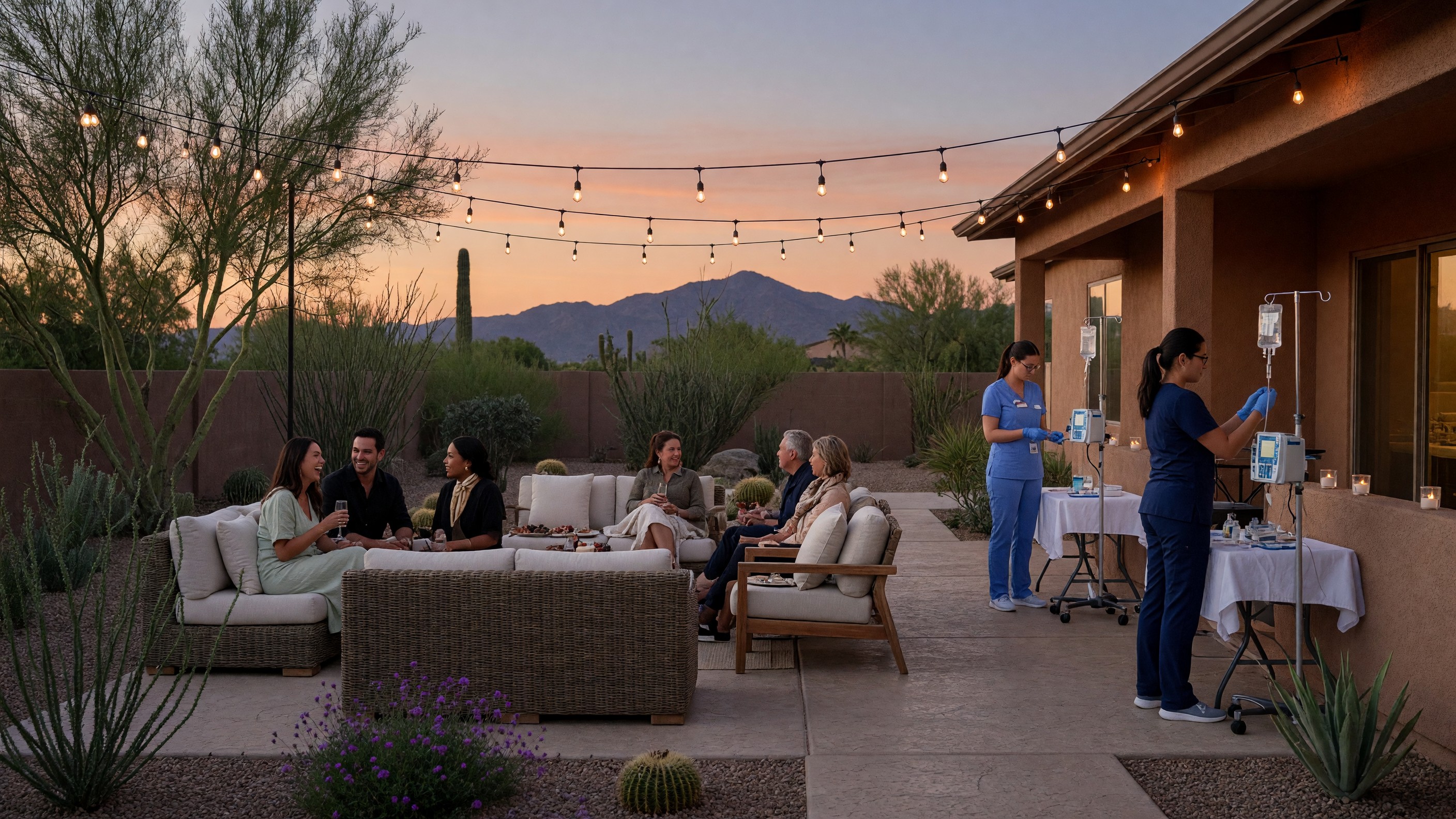 Evening backyard event with on-site IV hydration stations