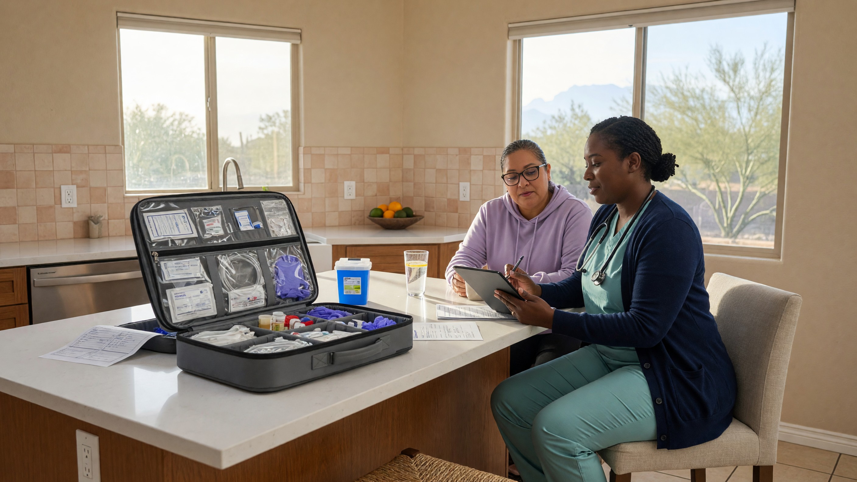 Nurse reviewing IV treatment options with a client at home