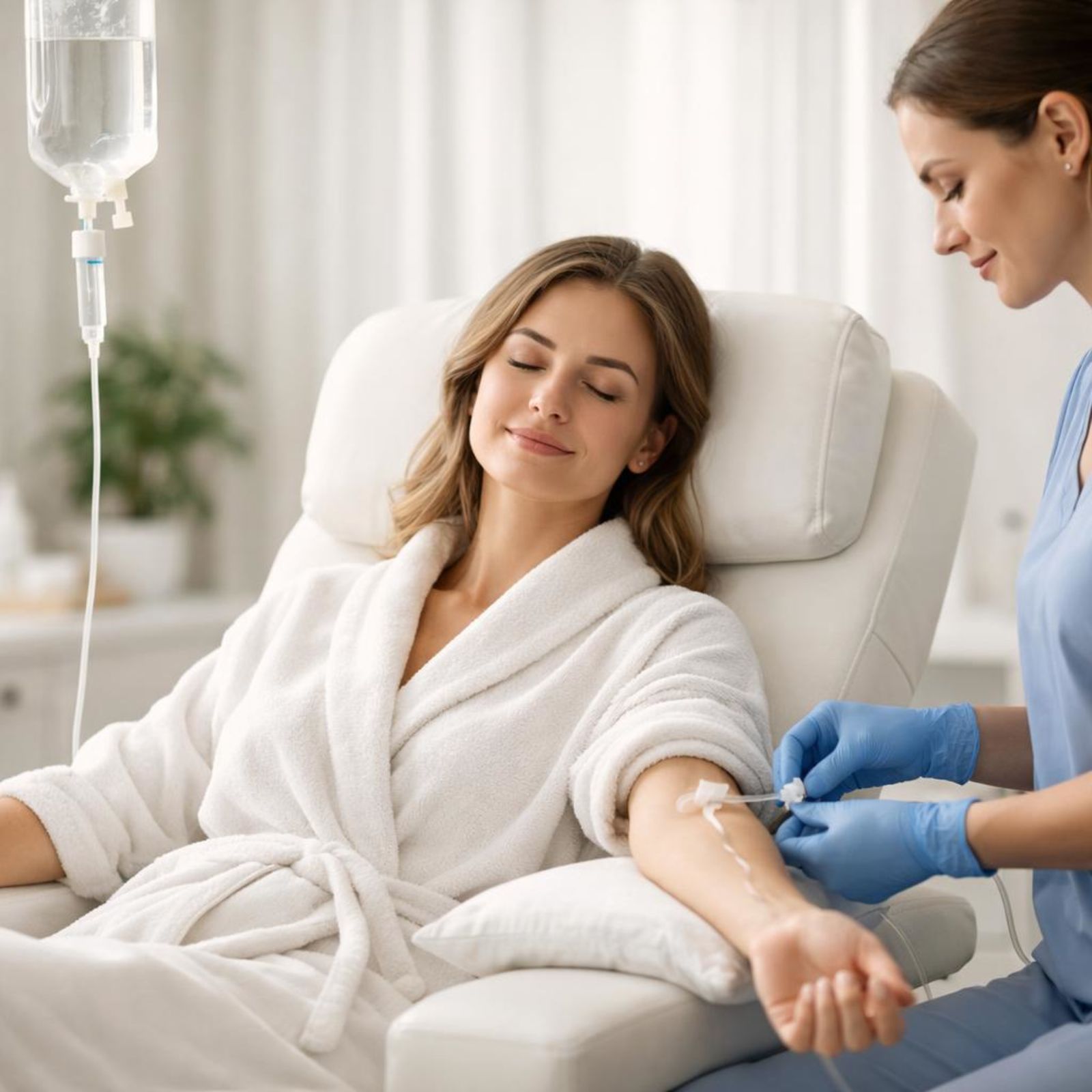 Client relaxing during an IV vitamin infusion